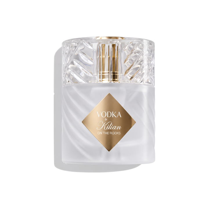Bottle of Kilian Vodka on the Rocks EDP fragrance on a white background with soft shadow