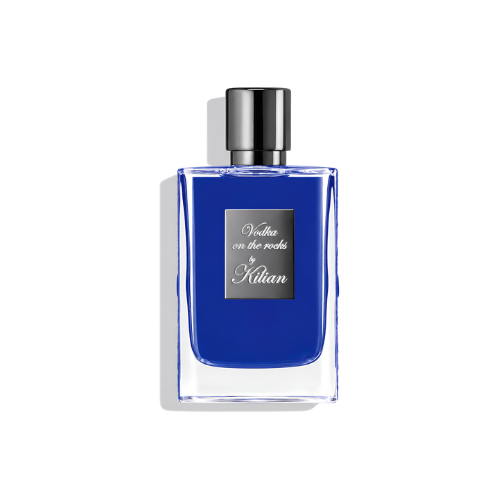 Bottle of Kilian Vodka on the Rocks EDP fragrance on a white background with soft shadow
