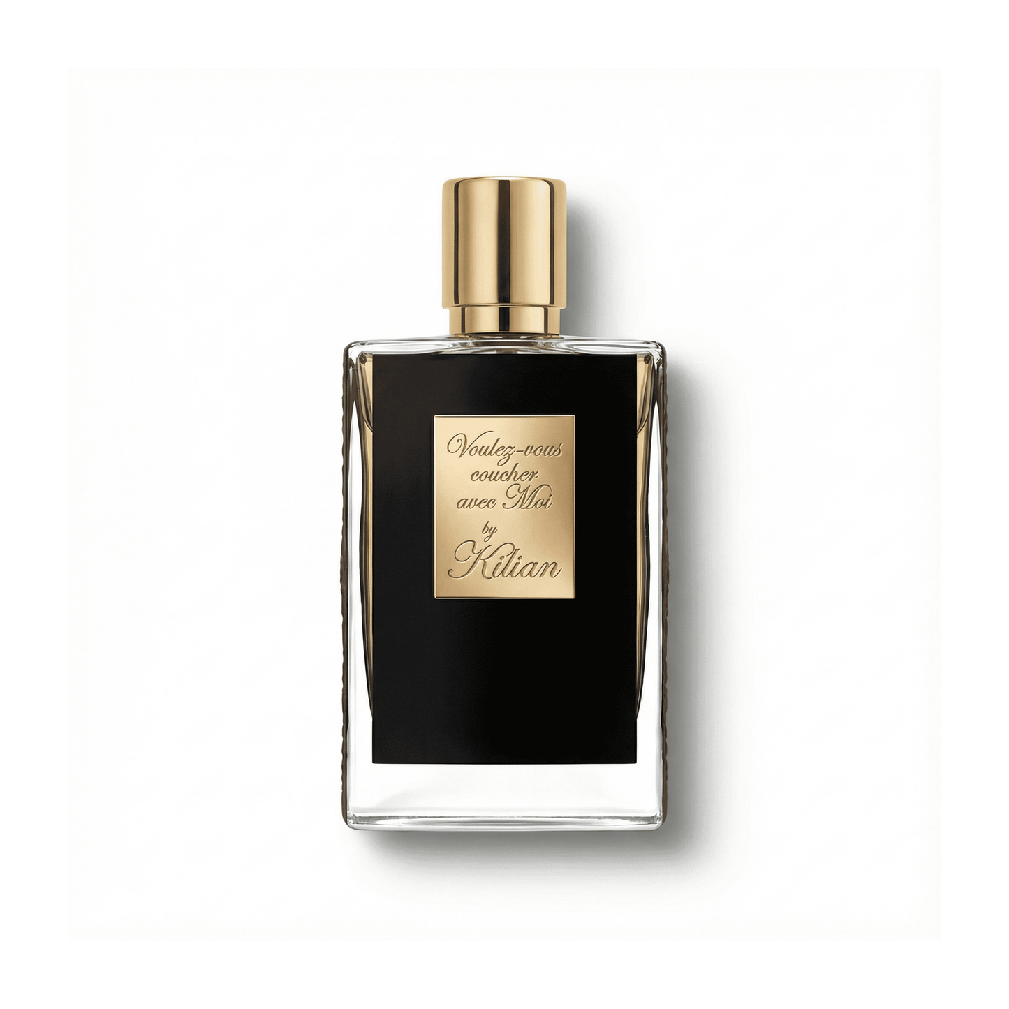 Bottle of Kilian Voulez-vous Coucher Avec Moi (Batch 2019) Parfum fragrance on a white background with soft shadow