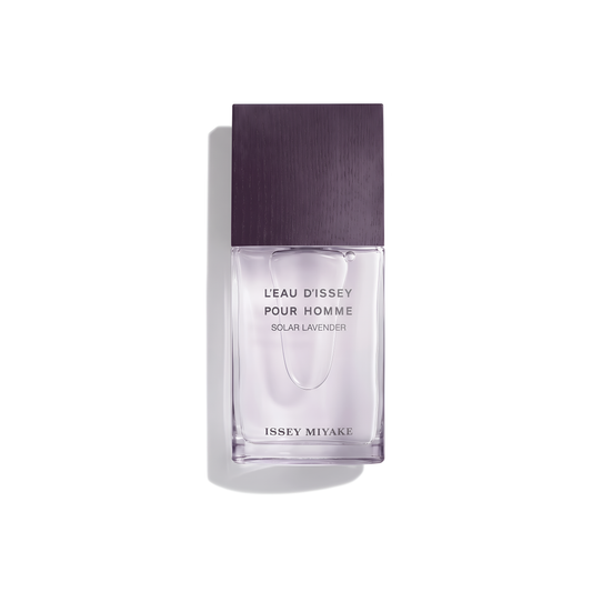 Bottle of L’Eau d’Issey pour Homme Solar Lavender EDT fragrance on a white background with soft shadow