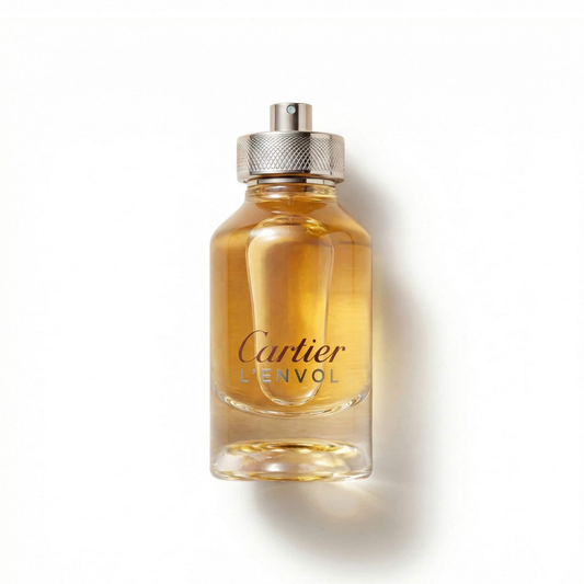 Bottle of L'Envol de Cartier EDP fragrance on a white background with soft shadow