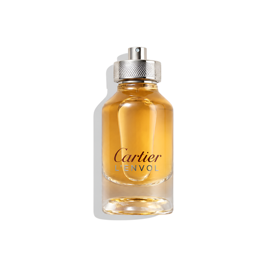Bottle of L'Envol de Cartier EDP fragrance on a white background with soft shadow