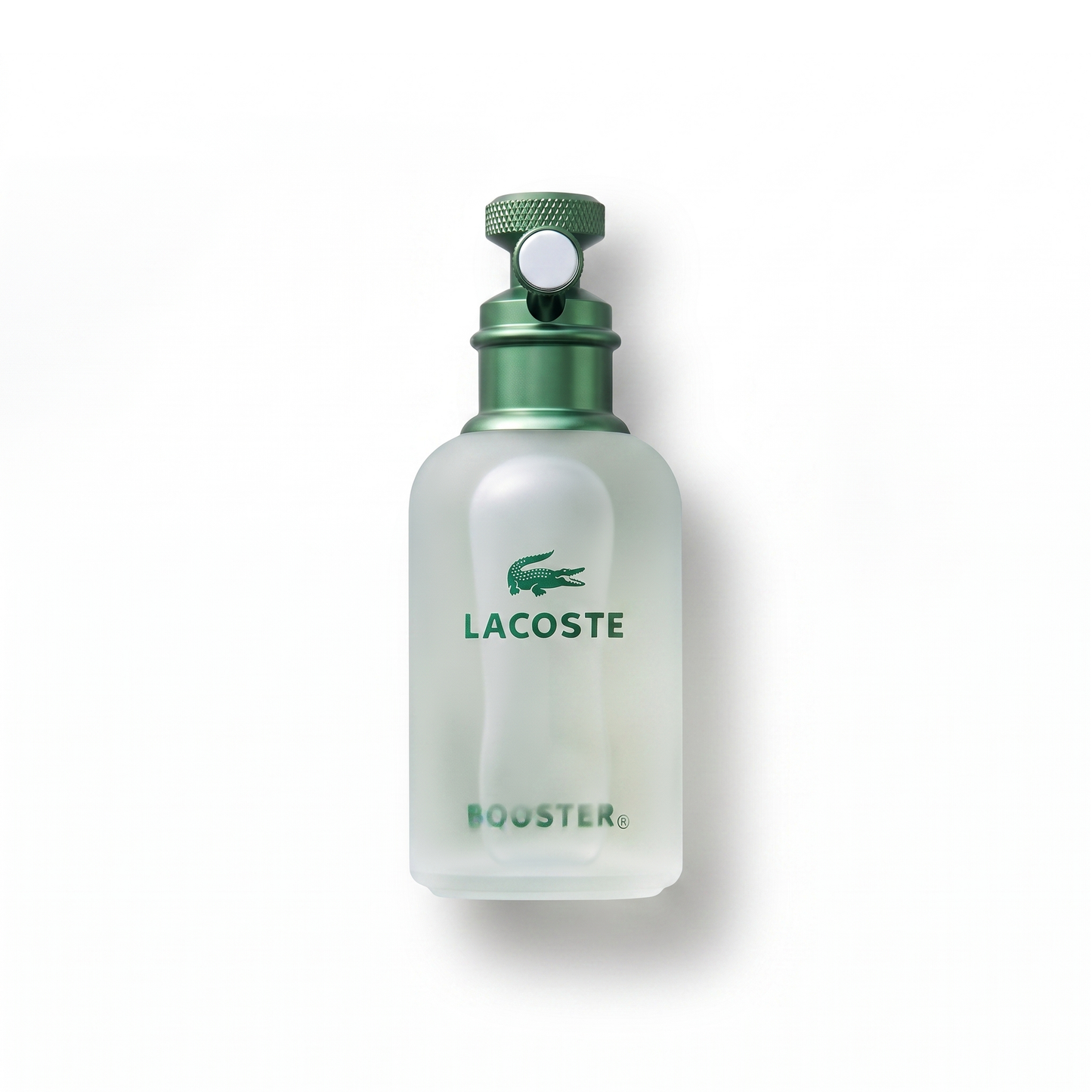 Bottle of Lacoste Booster (Vintage Bottle) EDT fragrance on a white background with soft shadow