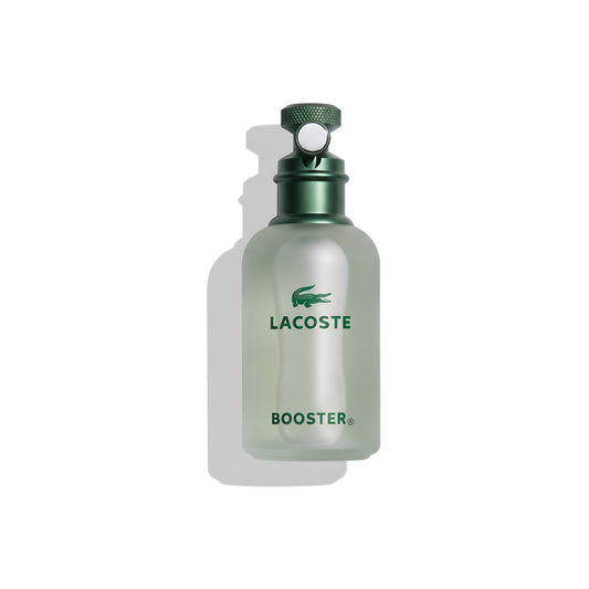 Bottle of Lacoste Booster (Vintage Bottle) EDT fragrance on a white background with soft shadow