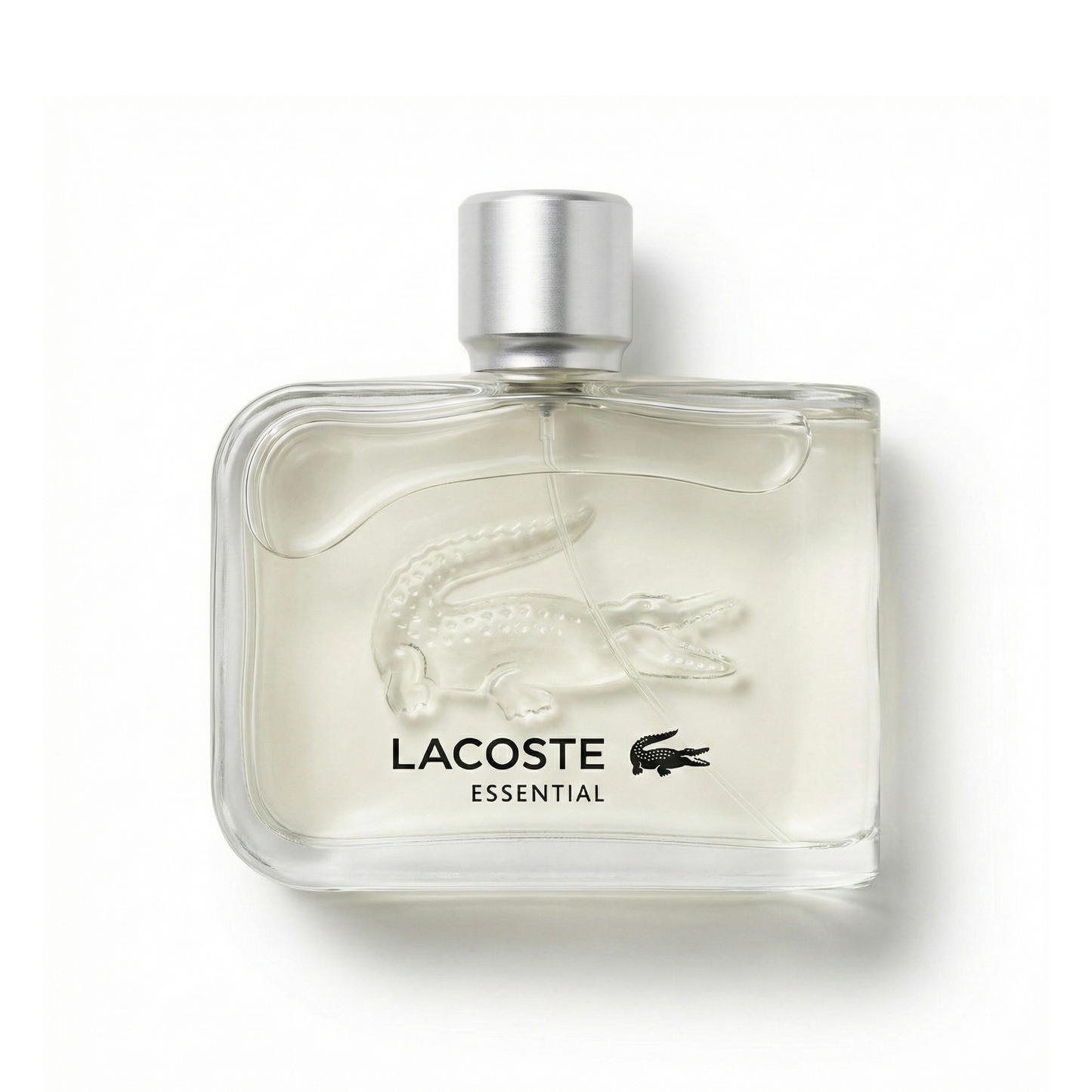 Bottle of Lacoste Essential EDT fragrance on a white background with soft shadow