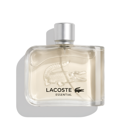 Bottle of Lacoste Essential EDT fragrance on a white background with soft shadow