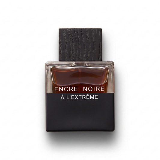 Bottle of Lalique Encre Noire A L'Extreme EDP fragrance on a white background with soft shadow
