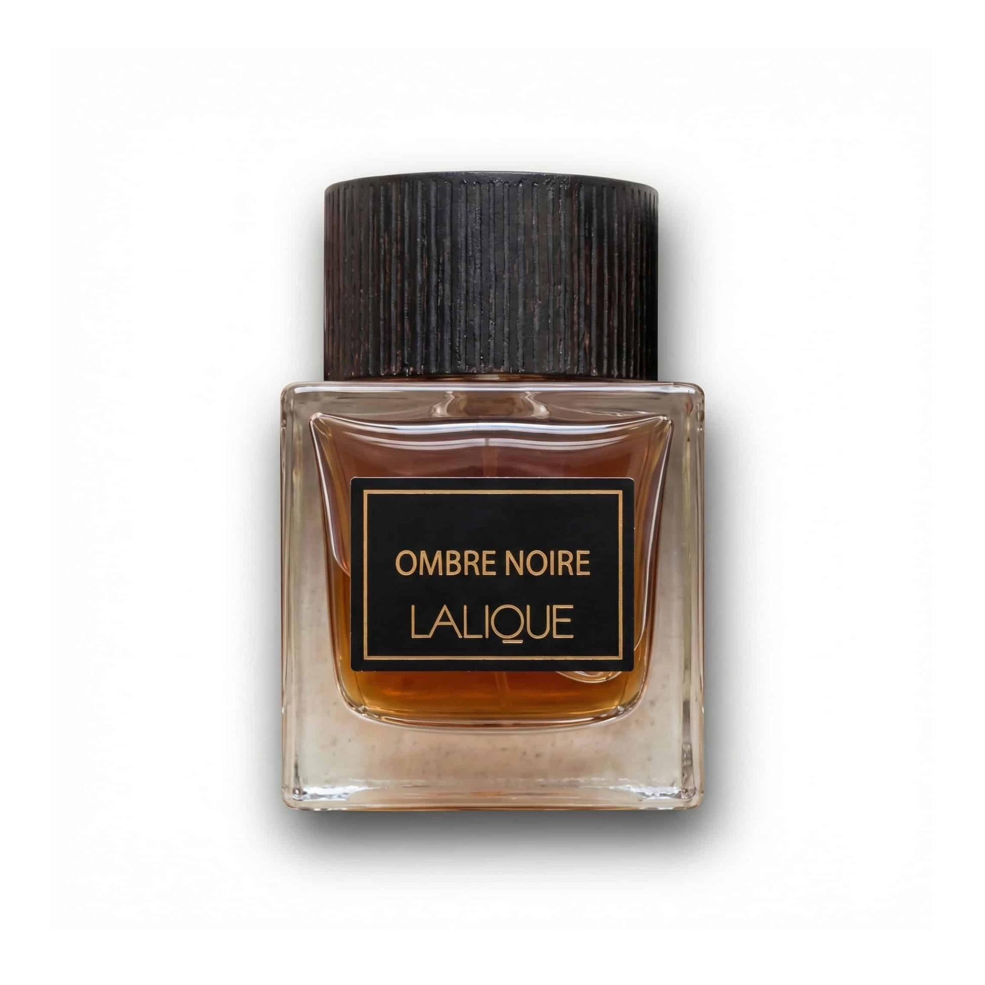 Bottle of Lalique Ombre Noir EDP fragrance on a white background with soft shadow