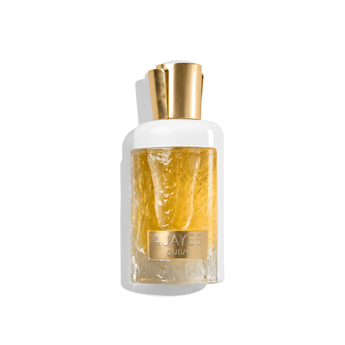 Bottle of Lattafa Ajayeb Dubai Portrait EDP fragrance on a white background with soft shadow