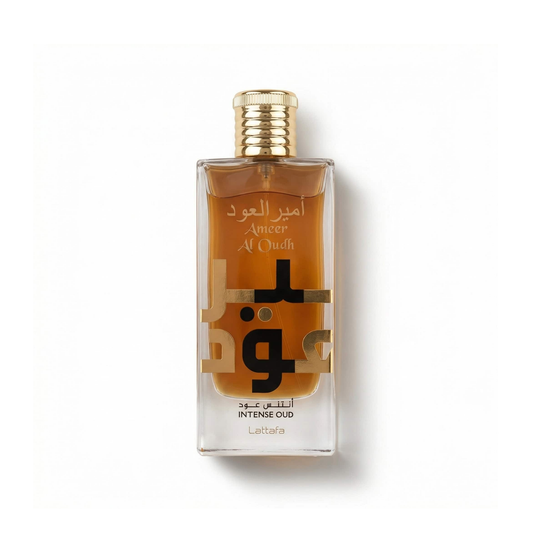 Bottle of Lattafa Ameer Al Oudh EDP fragrance on a white background with soft shadow