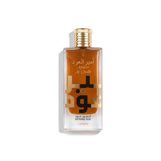 Bottle of Lattafa Ameer Al Oudh EDP fragrance on a white background with soft shadow