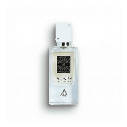 Bottle of Lattafa Ana Abiyedh EDP fragrance on a white background with soft shadow
