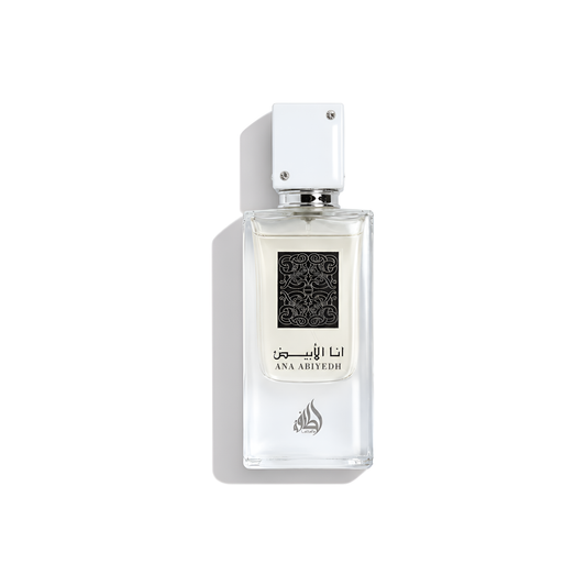 Bottle of Lattafa Ana Abiyedh EDP fragrance on a white background with soft shadow