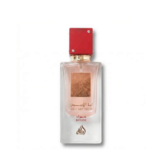 Bottle of Lattafa Ana Abiyedh Rouge EDP fragrance on a white background with soft shadow