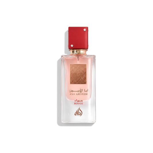 Bottle of Lattafa Ana Abiyedh Rouge EDP fragrance on a white background with soft shadow