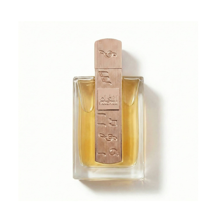 Bottle of Lattafa Angham EDP fragrance on a white background with soft shadow