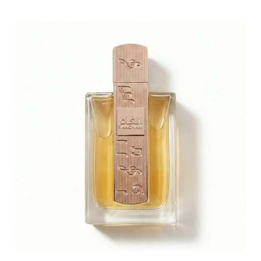 Bottle of Lattafa Angham EDP fragrance on a white background with soft shadow