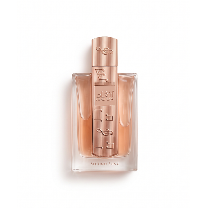 Bottle of Lattafa Angham Second Song EDP fragrance on a white background with soft shadow