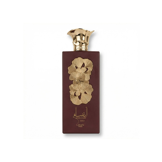 Bottle of Lattafa Ansaam Gold EDP fragrance on a white background with soft shadow