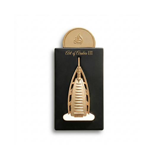 Bottle of Lattafa Art Of Arabia III EDP fragrance on a white background with soft shadow