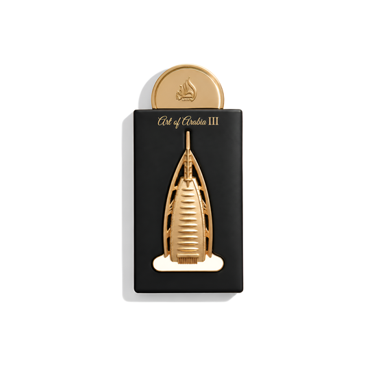 Bottle of Lattafa Art Of Arabia III EDP fragrance on a white background with soft shadow