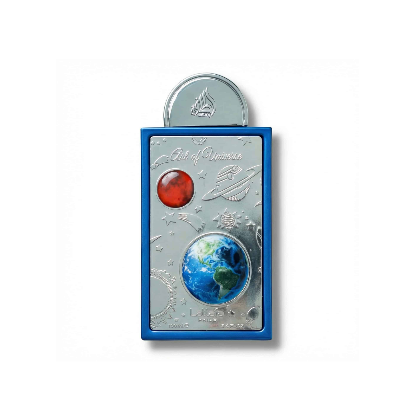 Bottle of Lattafa Art of Universe EDP fragrance on a white background with soft shadow