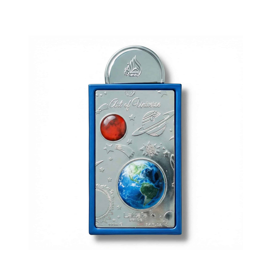 Bottle of Lattafa Art of Universe EDP fragrance on a white background with soft shadow