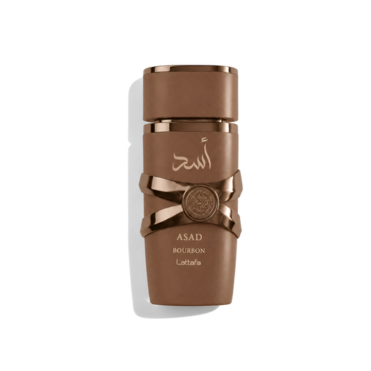 Bottle of Lattafa Asad Bourbon EDP fragrance on a white background with soft shadow