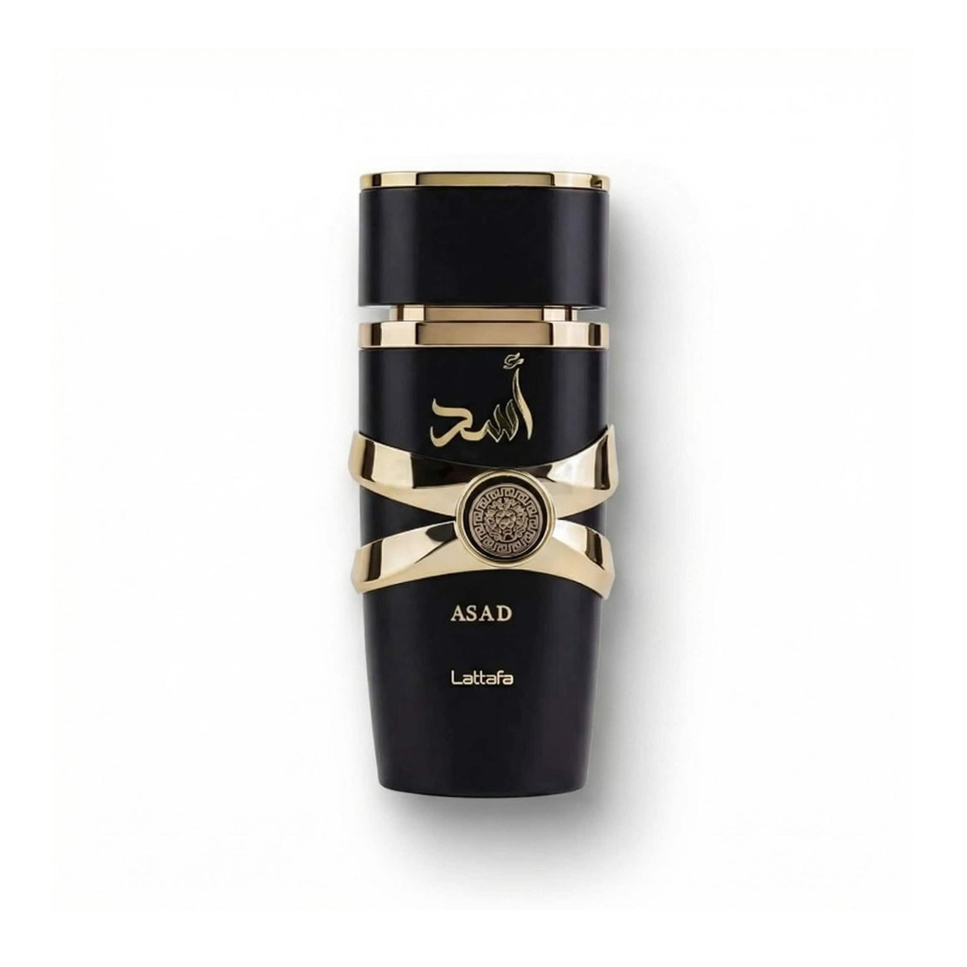Bottle of Lattafa Asad EDP fragrance on a white background with soft shadow