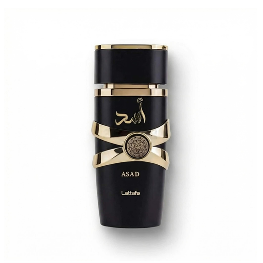 Bottle of Lattafa Asad EDP fragrance on a white background with soft shadow