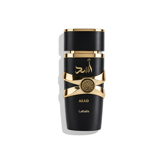 Bottle of Lattafa Asad EDP fragrance on a white background with soft shadow