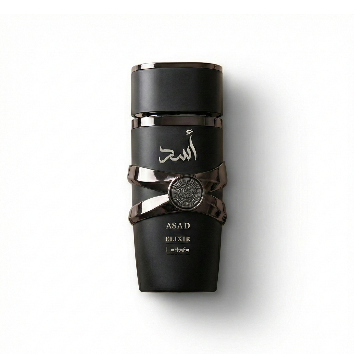 Bottle of Lattafa Asad Elixir fragrance on a white background with soft shadow