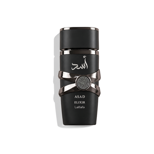 Bottle of Lattafa Asad Elixir fragrance on a white background with soft shadow