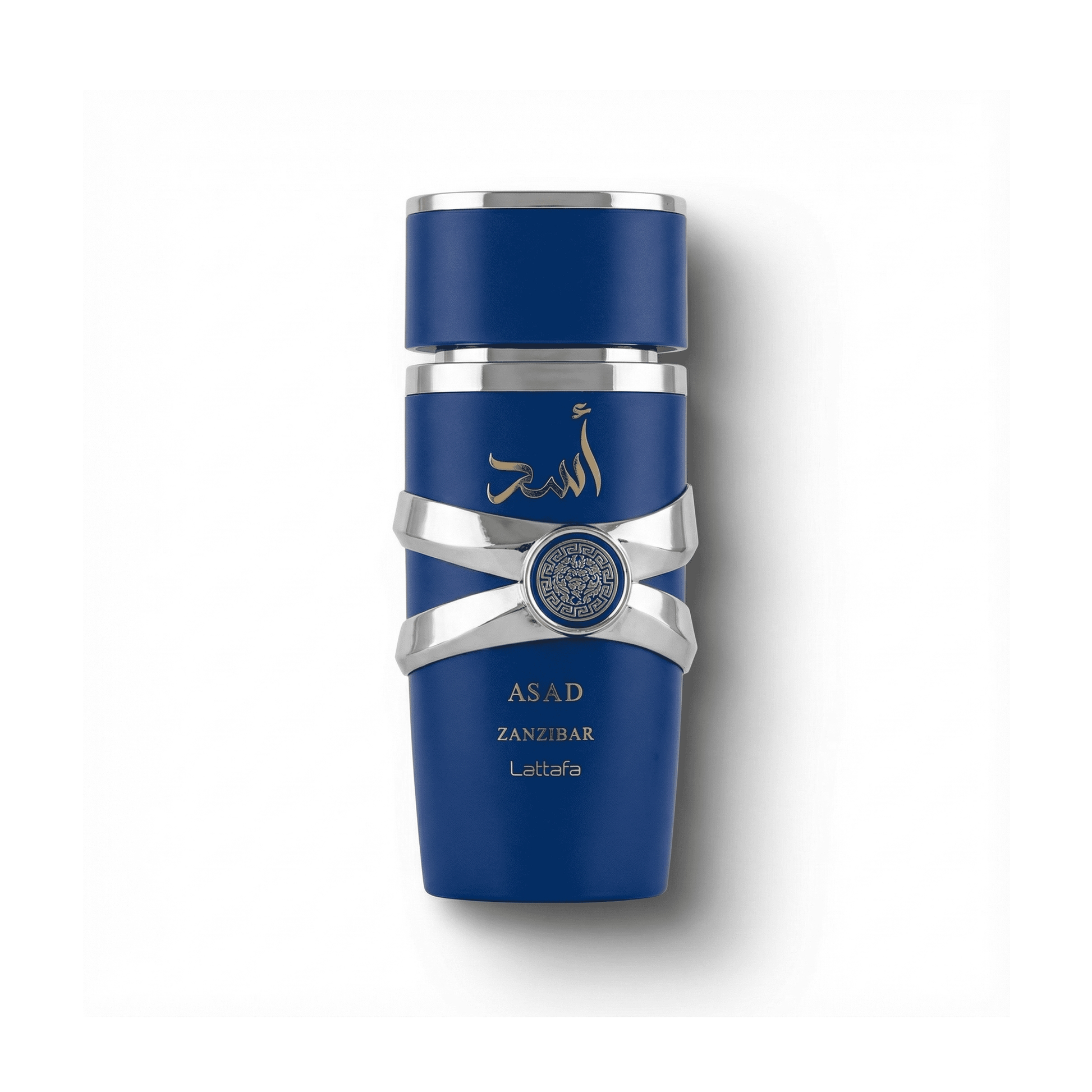 Bottle of Lattafa Asad Zanzibar EDP fragrance on a white background with soft shadow
