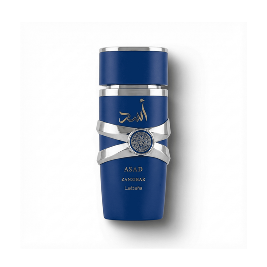 Bottle of Lattafa Asad Zanzibar EDP fragrance on a white background with soft shadow