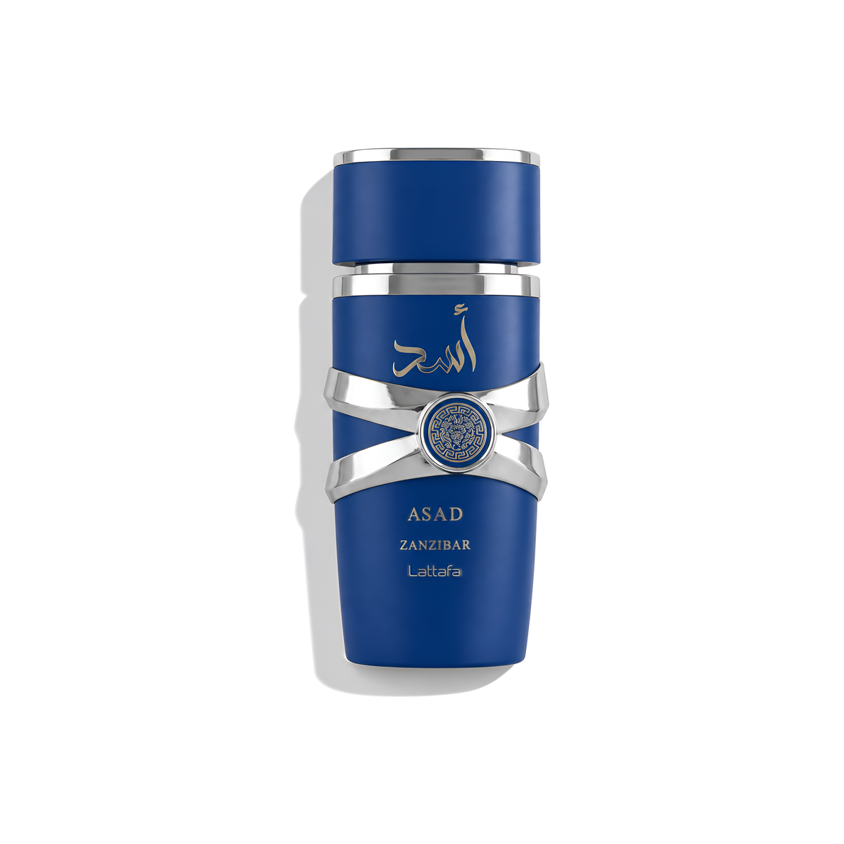 Bottle of Lattafa Asad Zanzibar EDP fragrance on a white background with soft shadow