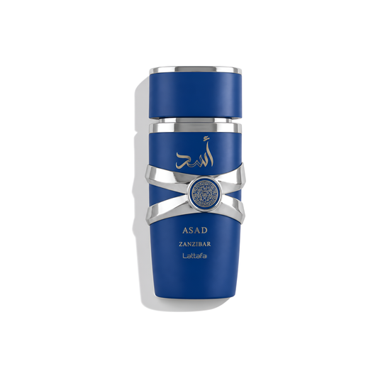 Bottle of Lattafa Asad Zanzibar EDP fragrance on a white background with soft shadow
