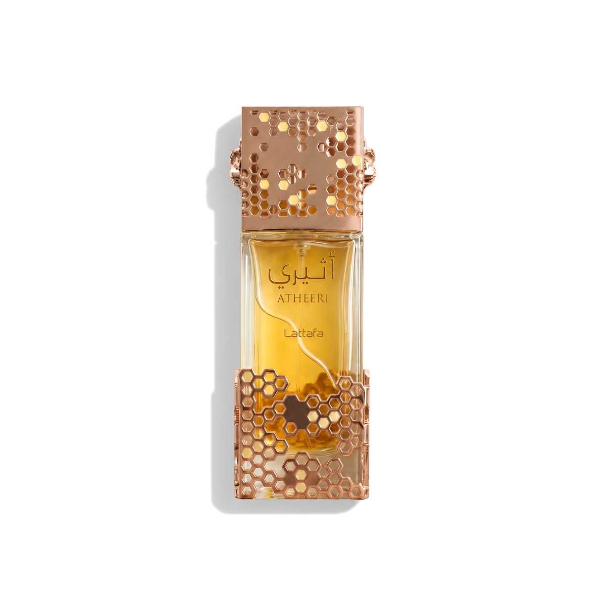Bottle of Lattafa Atheeri EDP fragrance on a white background with soft shadow
