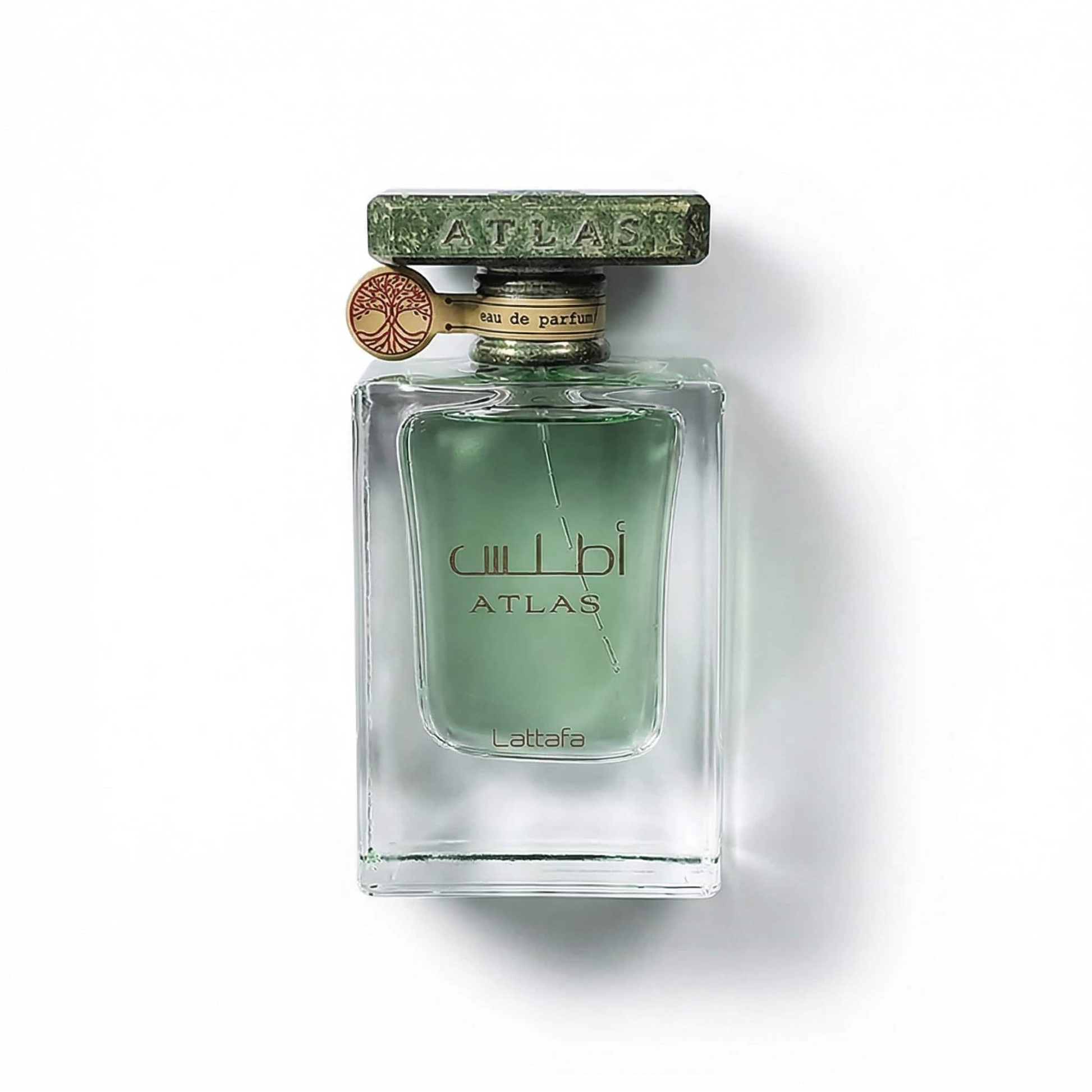 Bottle of Lattafa Atlas EDP fragrance on a white background with soft shadow