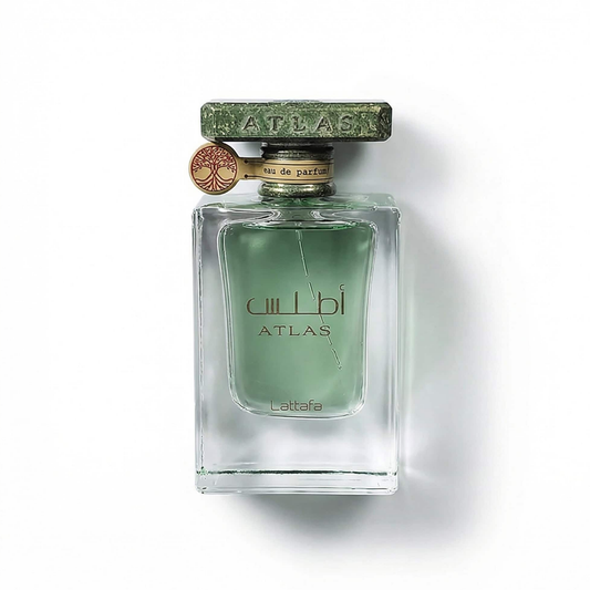 Bottle of Lattafa Atlas EDP fragrance on a white background with soft shadow