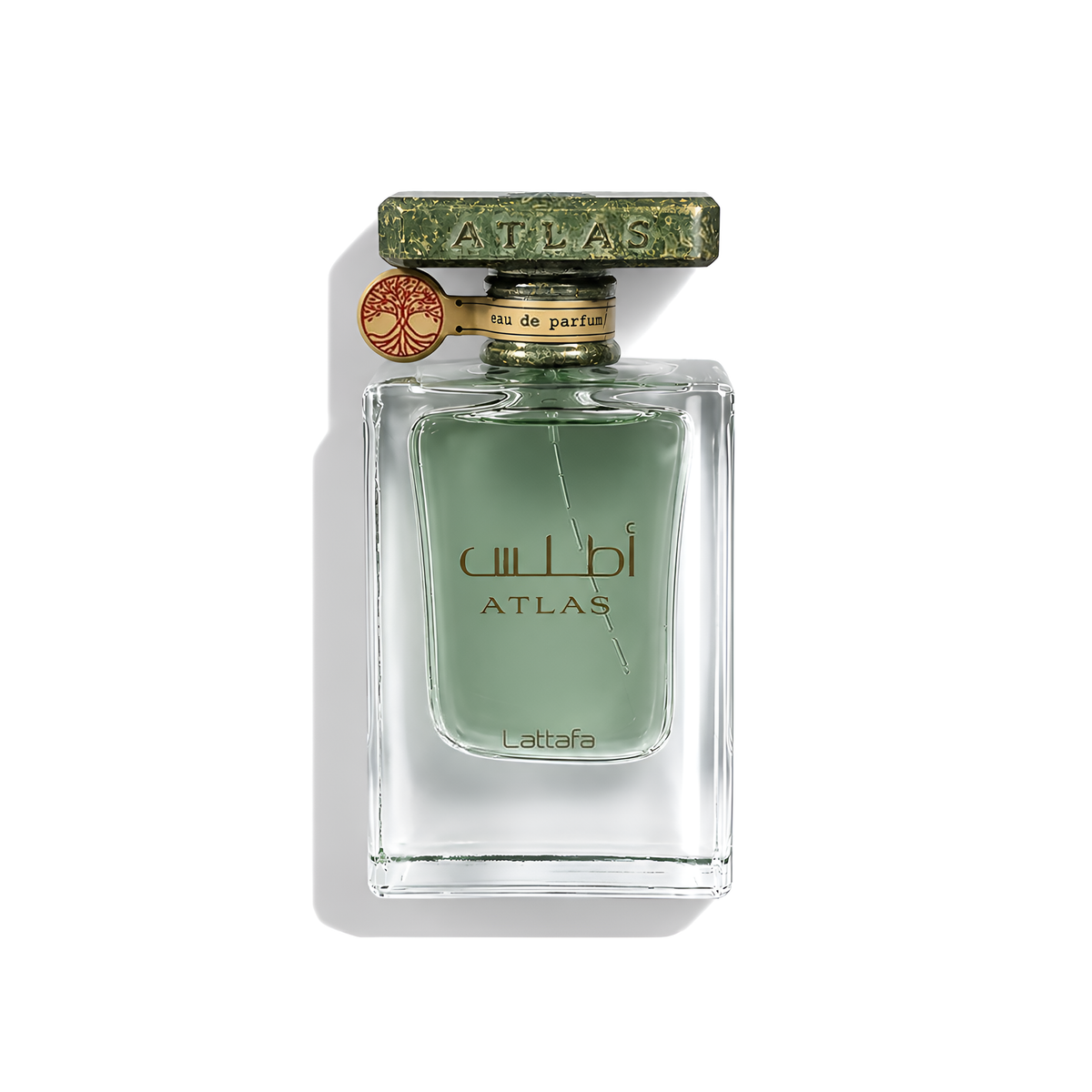 Bottle of Lattafa Atlas EDP fragrance on a white background with soft shadow
