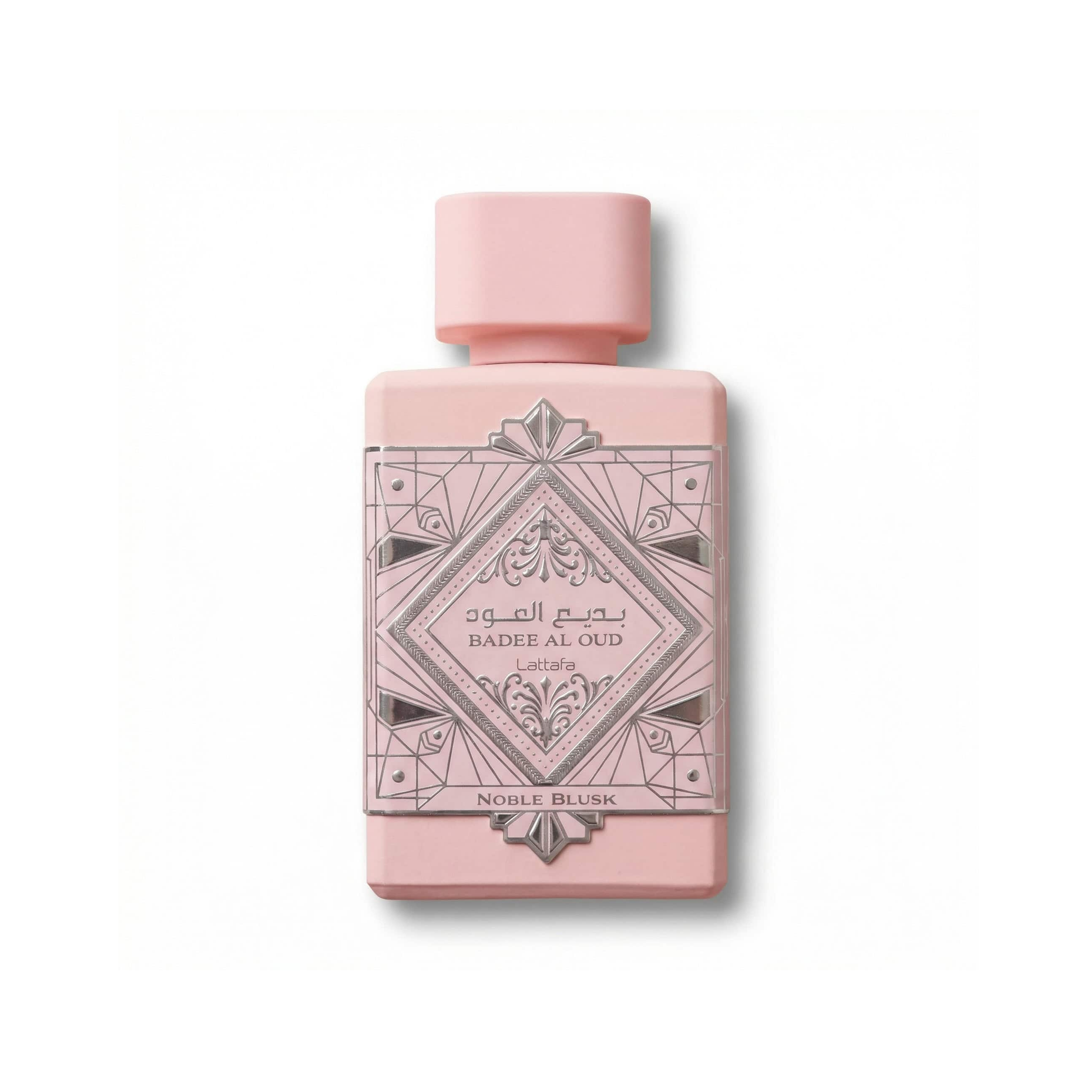 Bottle of Lattafa Badee Al Oud Noble Blush EDP fragrance on a white background with soft shadow