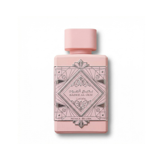 Bottle of Lattafa Badee Al Oud Noble Blush EDP fragrance on a white background with soft shadow