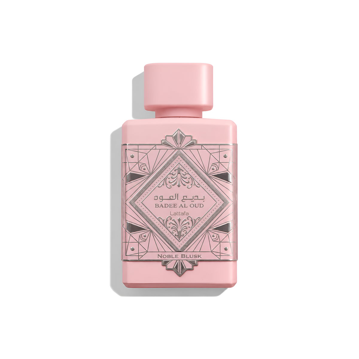 Bottle of Lattafa Badee Al Oud Noble Blush EDP fragrance on a white background with soft shadow