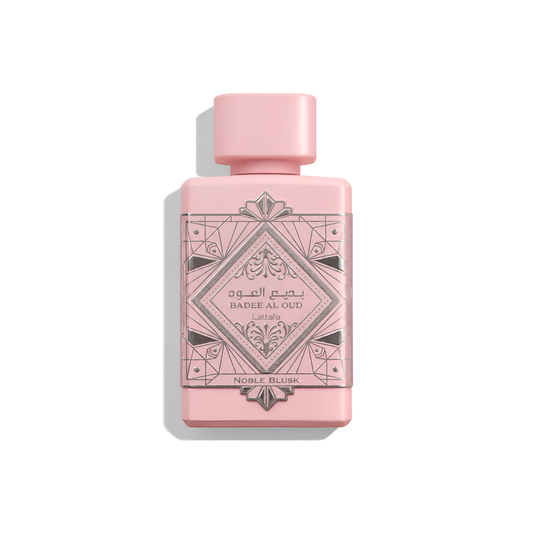 Bottle of Lattafa Badee Al Oud Noble Blush EDP fragrance on a white background with soft shadow