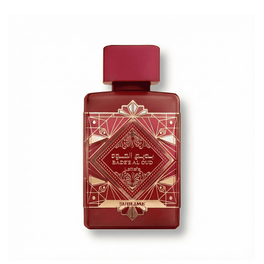 Bottle of Lattafa Badee Al Oud Sublime EDP fragrance on a white background with soft shadow