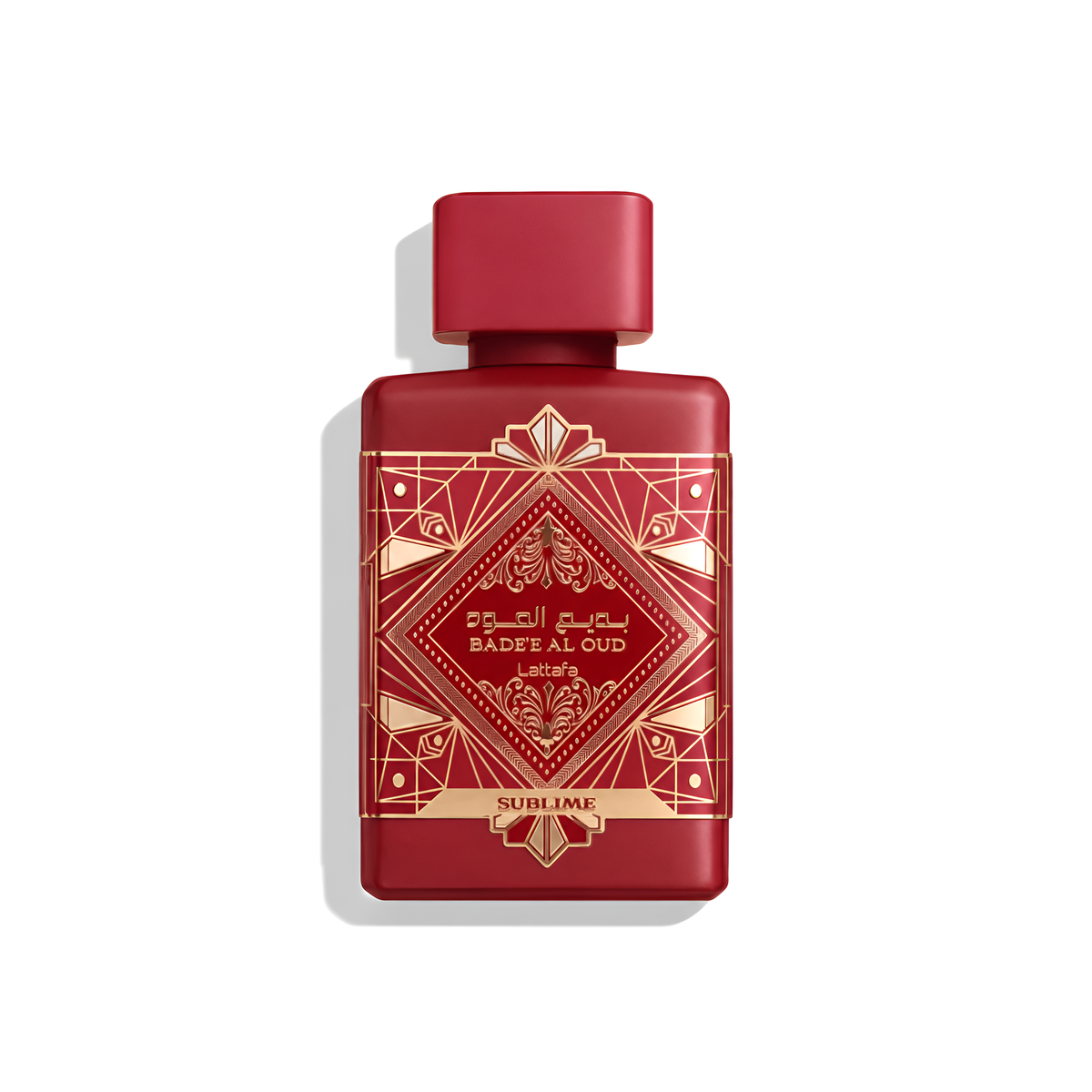 Bottle of Lattafa Badee Al Oud Sublime EDP fragrance on a white background with soft shadow