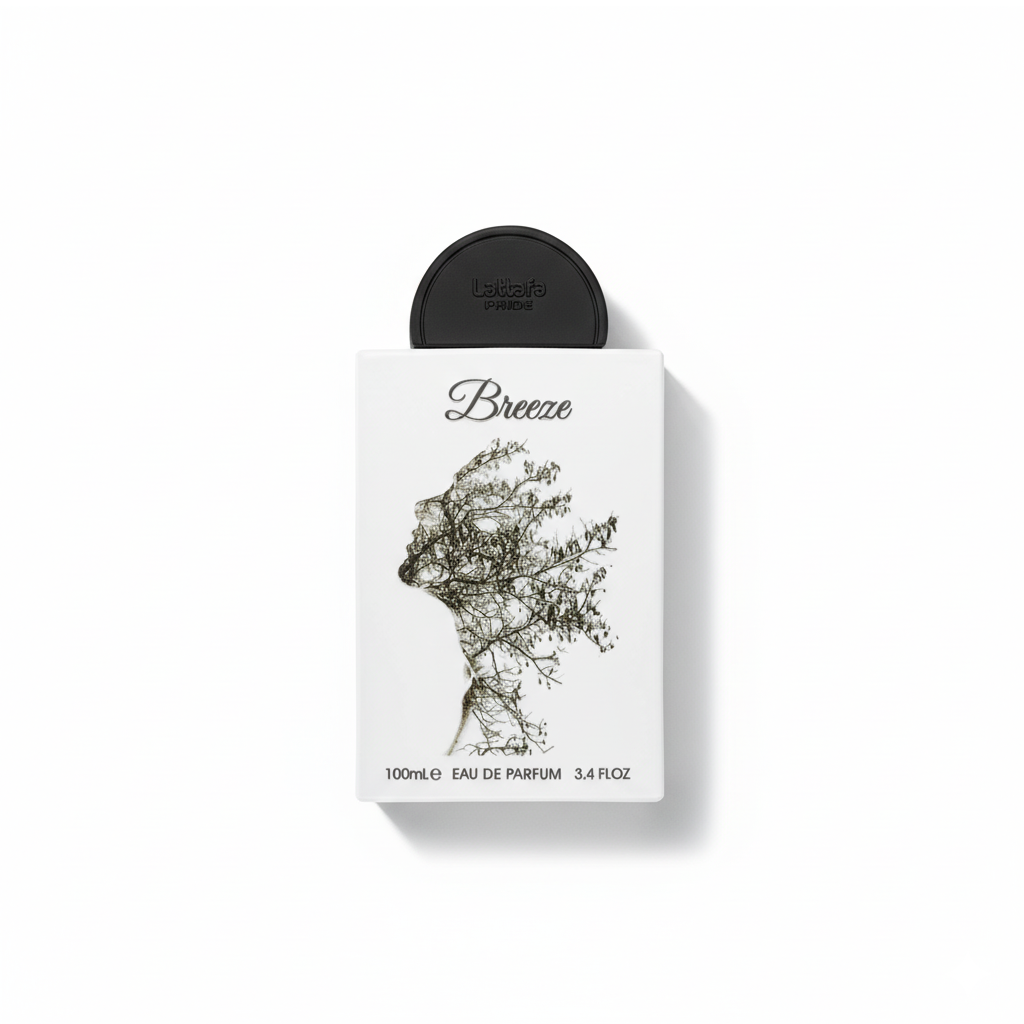 Bottle of Lattafa Breeze EDP fragrance on a white background with soft shadow