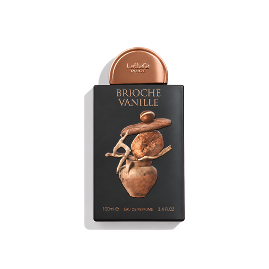 Bottle of Lattafa Brioche Vanille EDP fragrance on a white background with soft shadow