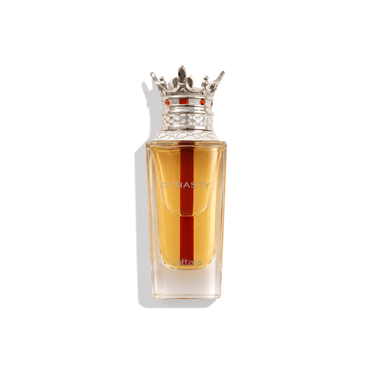 Bottle of Lattafa Dynasty EDP fragrance on a white background with soft shadow
